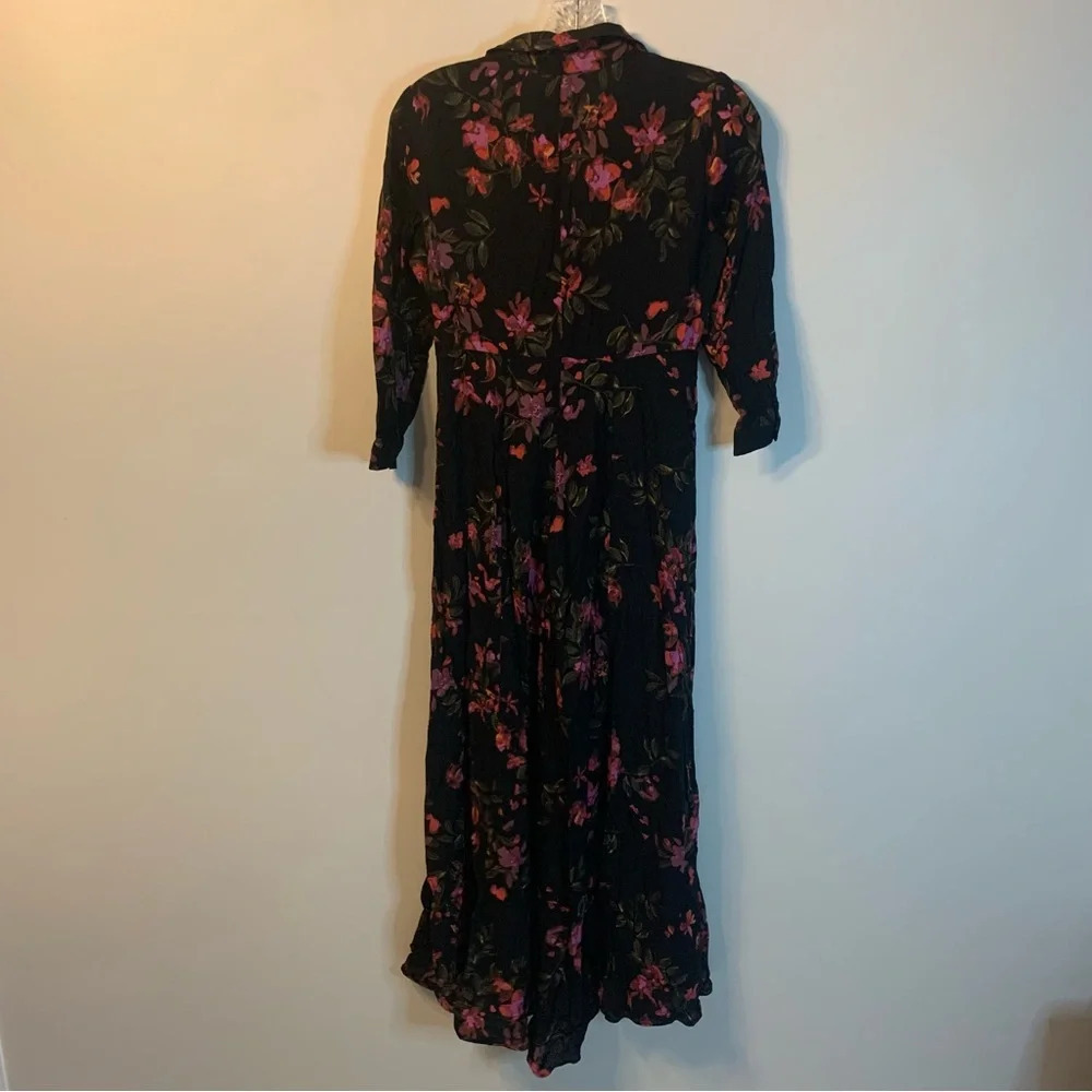 Zara Floral Black Maxi Dress Button Front 3/4 Sleeve XS - Picture 3 of 12